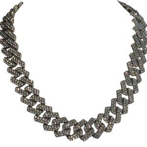 Vintage Flat Cuban Bling Iced Out Necklace Choker Collar Fold Over 14" Estate